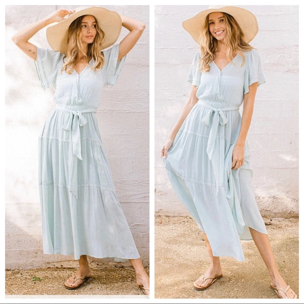 WHITE Boho Chic Short Ruffle Sleeve Lace Trim Midi Dress - Picture 2 of 5